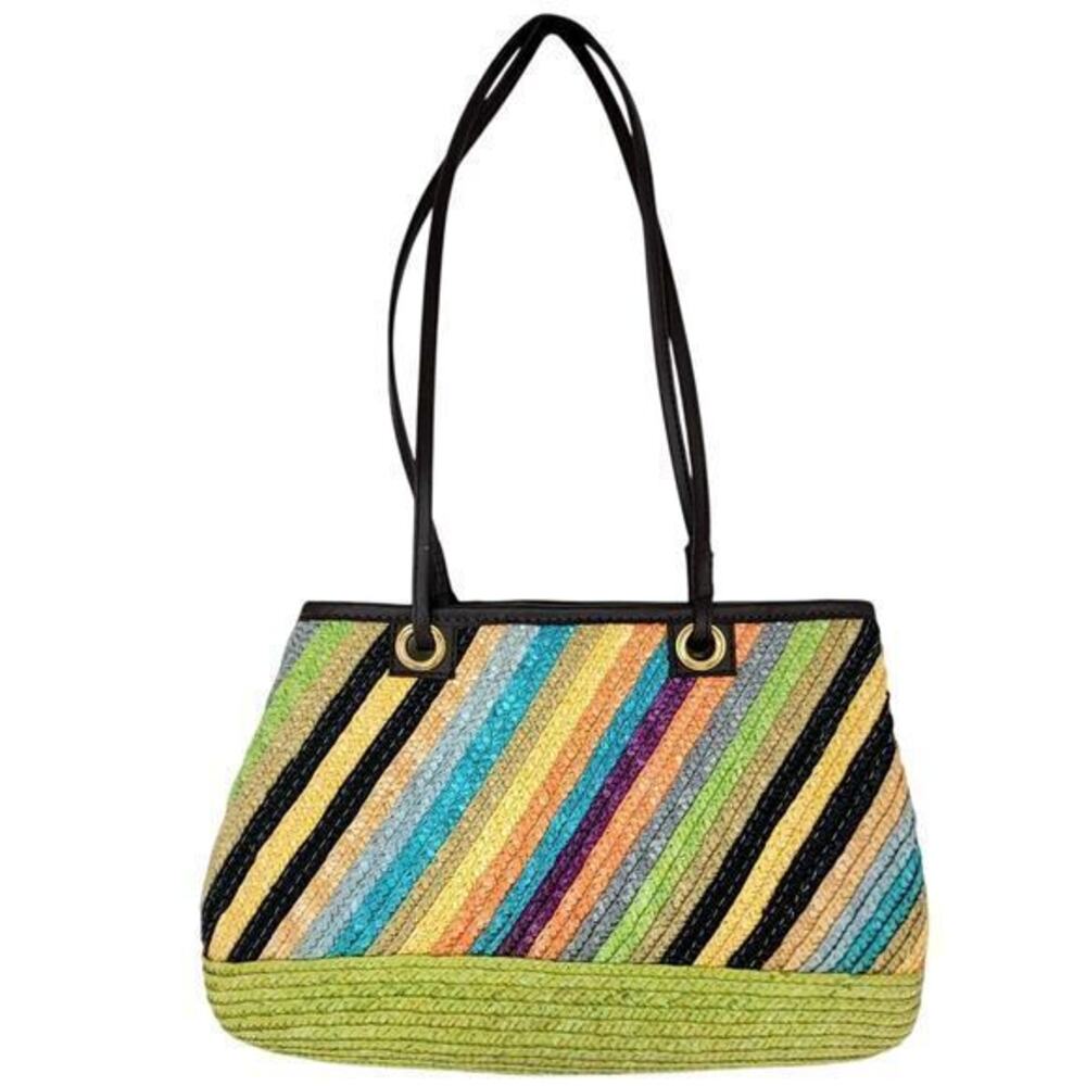 Vintage Rainbow Diagonal ‎ Striped Double Top Handle Straw Handbag Purse